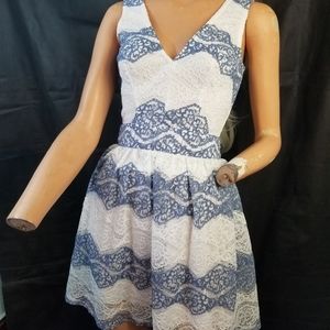 Blue and white cinched waist dress